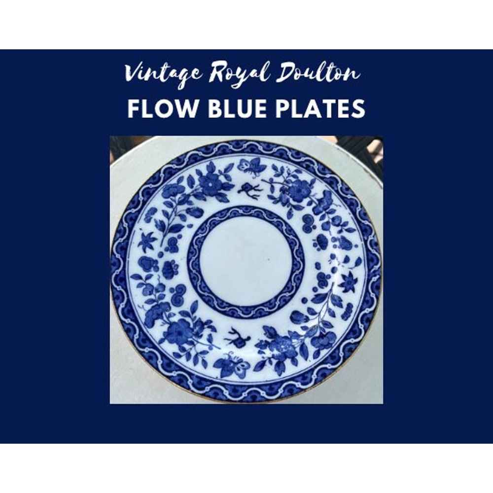 Royal Doulton Clifton Flow Blue 7” Salad, Dessert Plates English Gold Trim